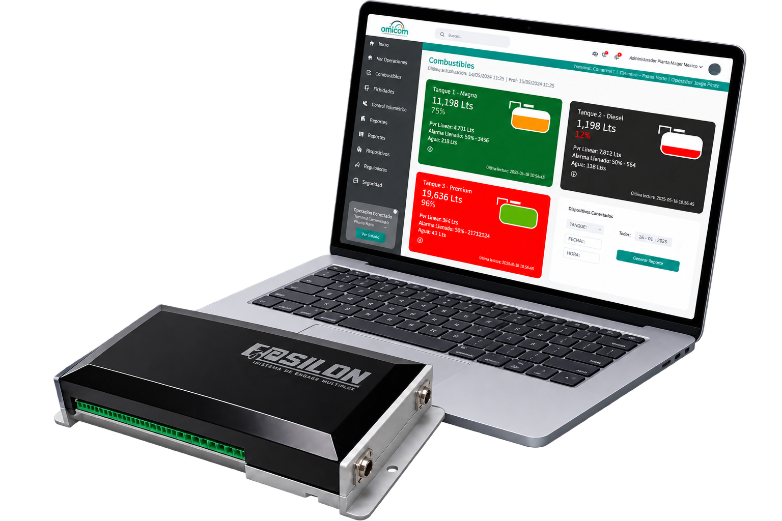 Laptop con plataforma de control volumétrico y dispositivo GASILON